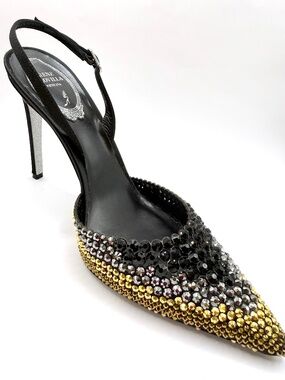 Rene Caovilla size 38 gold crystals on black satin, 4-inch stiletto heels